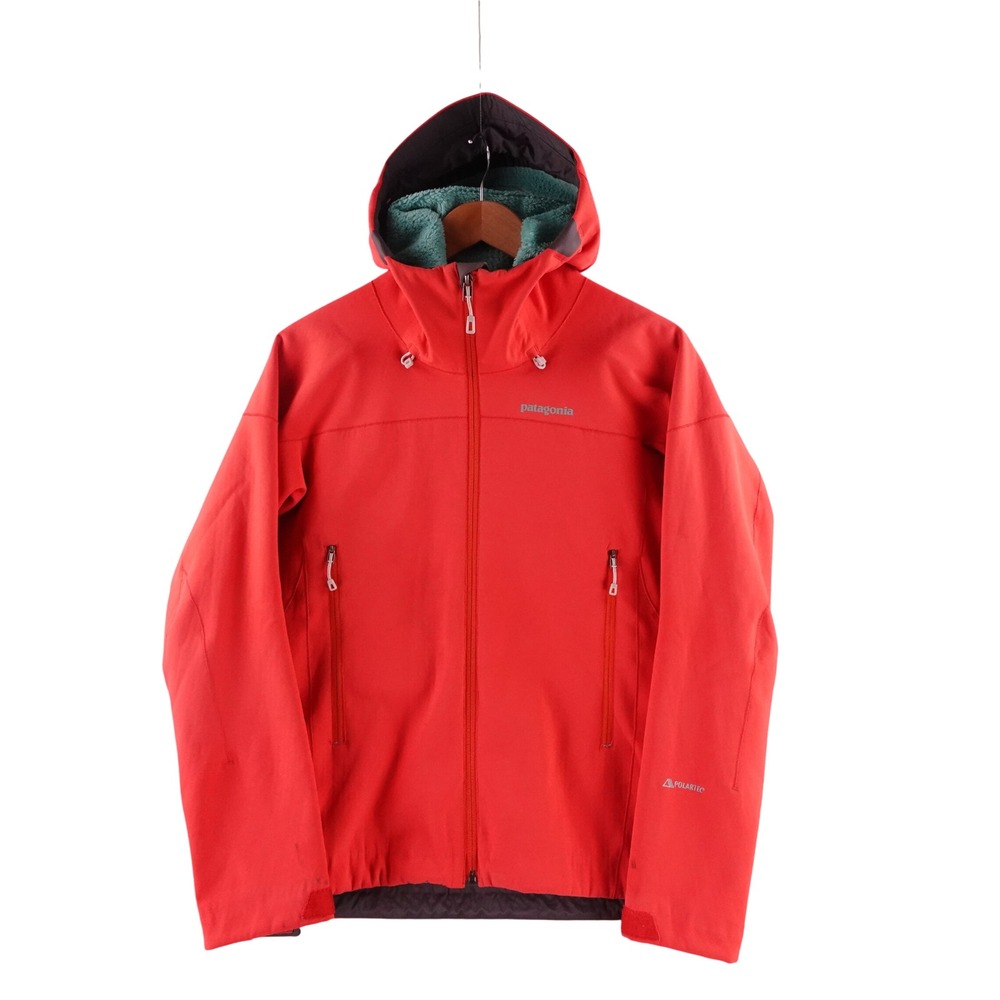 Patagonia Women Small Polartec Power Shield Softshell Hooded Jacket Red Snap Dry